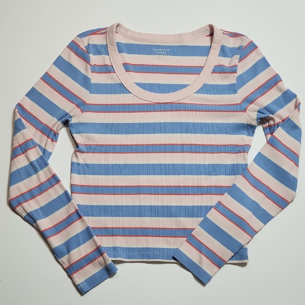 American Eagle Striped Long Sleeve Ribbed T Scoop Neck Pink Blue Red Women’s XL